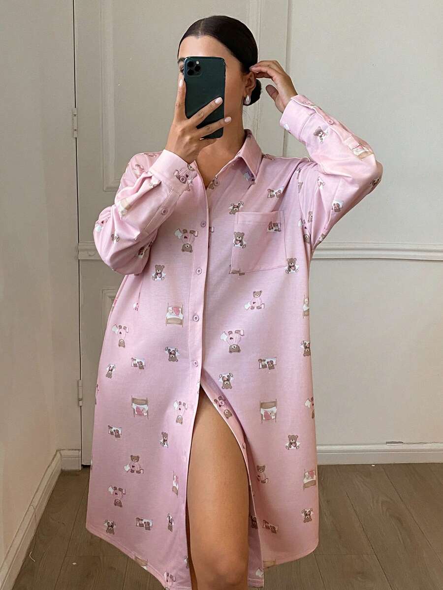 DAZY 女士翻领单排扣小熊印花长袖休闲日常家居连衣裙 - 粉色 - 查看 1