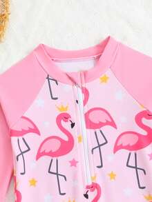 女婴/女童新款长袖连体泳衣，随机印花 - 粉色 - 查看 3