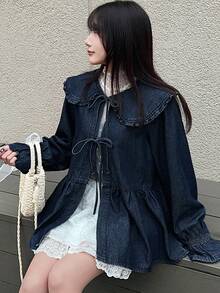 FRIFUL Women's Casual Peter Pan Collar Tie-Up Denim Blouse, Autumn Long Sleeve - Blue - View 3