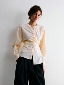 ATUI Studio Áo kiểu nữ màu trơn, vạt áo bất đối xứng, kiểu quấn, thích hợp cho mùa xuân/thu. - Màu be - Xem 6