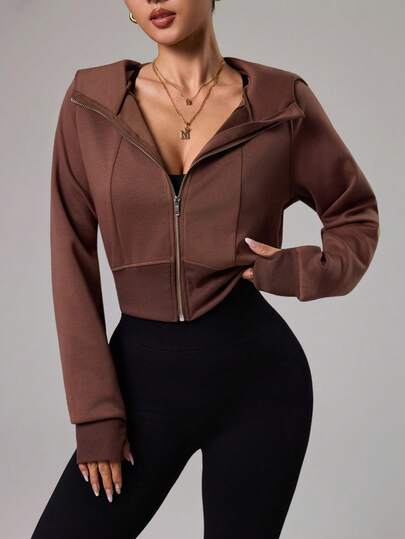 Dewbera Casual Solid Color Zip-Up Hooded Sweatshirt, Autumn Brown Gym Top Zip Up Workout Jacket Cropped Zip Up Brown Workout Jacket Cropped Workout Jacket
