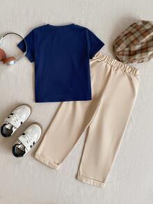 PrepCrw 2pcs/Set Young Boys Collegiate Style Bear Print Short Sleeve T-Shirt And Pants Set - Multicolor - View 3