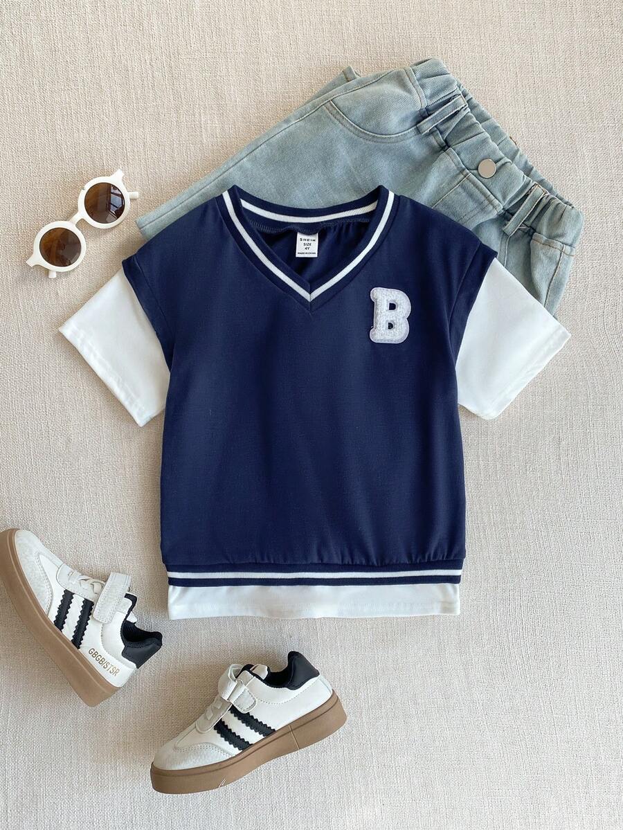 PrepCrw Camisa de manga corta estilo preppy 2 en 1 para niños pequeños - Azul - Ver 1