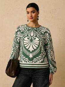 Travachic Plus Size Women Print Loose Fit 3/4 Sleeve Blouse, Casual Autumn Pattern Top - Mint Green - View 5