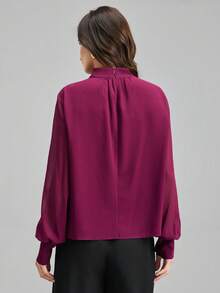 Ontre 2026 Spring/Summer New Coffee Brown Long Sleeve Chiffon Mandarin Collar Blouse, Suitable For Modern Urban Party, Back To School Season, Urban Minimalist Casual Daily Wear, Bohemian Style, Vacation, Festivals, Spring, Valentine's Day Carnival, Women Beach Outfit, Party Elegant - Brown - View 4