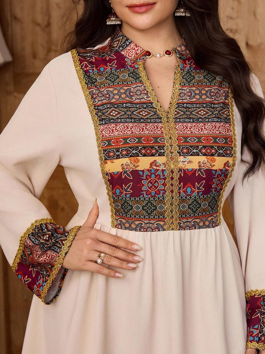 Al Najma Neues Kontrast-Farbblock Patchwork Taille Muster Urlaubs Strandkleid - Verschiedenfarbig - Übersicht 1