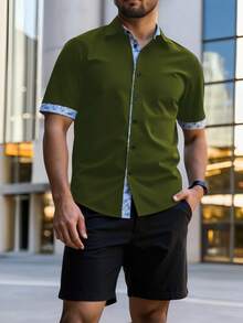 Manfinity Homme Plus Size Men's Casual Printed Patchwork Shirt,Army Green Summer Short Sleeve Shirt For City Break,Men's Green Shirt - Army Green - View 3