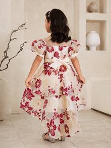 Glamorique Kids فستان أميرة فاخر ذو أكمام منتفخة وذيل مزخرف بالزهور للبنات