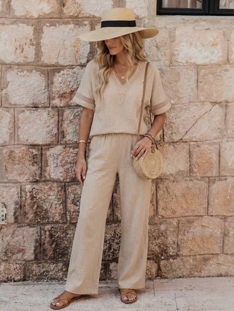 2pcs Women Solid Color V-Neck Casual Top & Pants Set