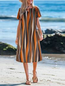 Sylviya Notched Neckline Color Stripes With Sleeves Striped Print Tunic Summer Dress - Multicolor - View 3