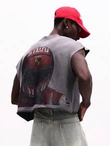 SUMWON Vintage Style Printed Tank Top With Full Back Graphic Design Regular Fit Sleeveless Muscle Tee - Grey - View 6