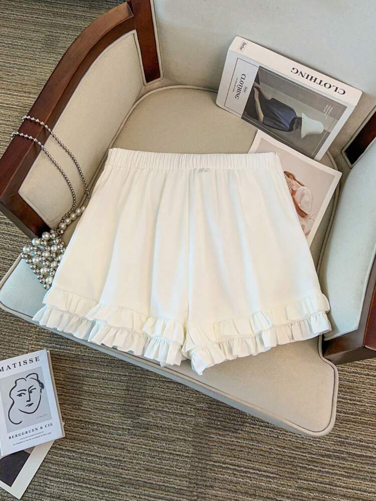 SHEIN PETITE CURVE Plus Size Solid Color Design, Body-Hugging Fit, Real Pockets, Waist Cinching Design, 3D Ruffle Decor, Zipper & Button Closure, Suitable For Holiday, Vacation, Elegant Casual, Commute, Minimalism, Sexy Fashion Women Flare Pants, Spring/Summer Ruffled Hem Shorts - White - View 2