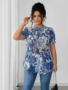 SHEIN LUNE Plus Size Women Striped Floral Ruffle Collar Shirt - Blue - View 5