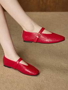 MOTF PREMIUM WOMEN HOLLOW-OUT SQUARE TOE FLAT SHOES SPRING SHOES - Red - View 3