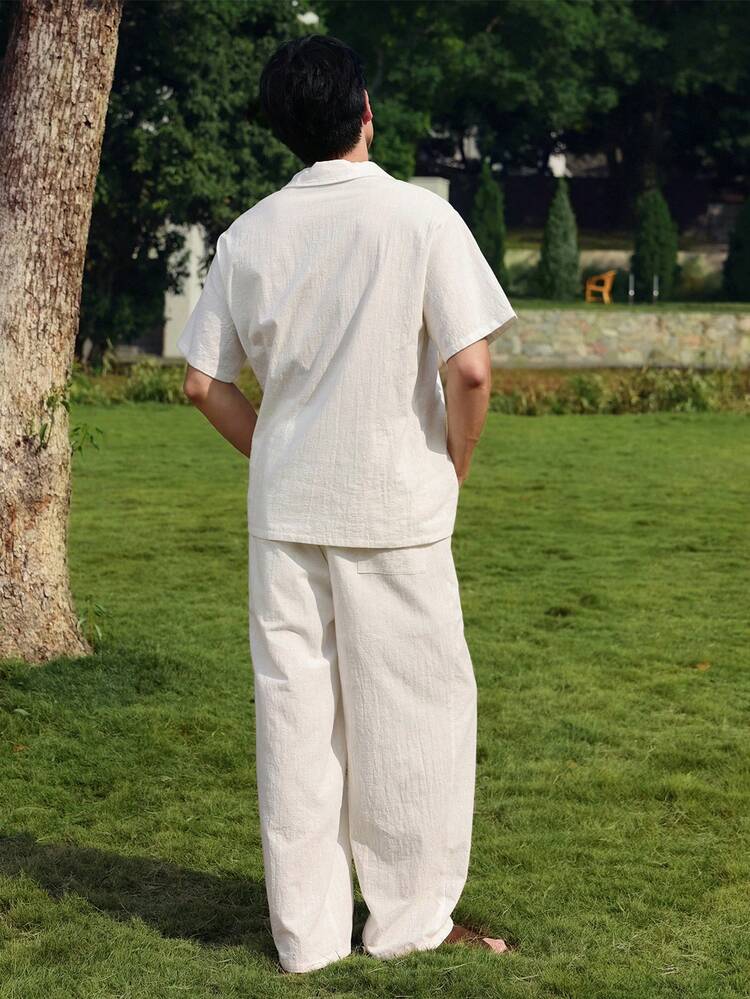 Men's Solid White Pleated Fabric Polo Shirt Set, Spring/Summer