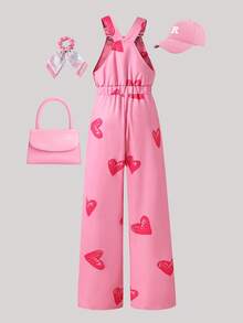 SHEIN ChillGRL Tween Girl Valentine's Day Casual Heart Print Overalls Pink Jumpsuit - Pink - View 2