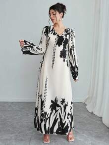 Al Najma Women's Romantic Minimalist Print V-Neck Long Sleeve Tie-Waist Arabic Style Dress - Multicolor - View 4