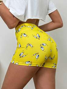 LOONEY TUNES X SHEIN 女士黄色骑行短裤，卡通表情图案，可爱骑行短裤，返校季，百搭，休闲，日常，夏秋两季皆宜 - 黃色 - 查看 3