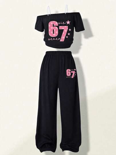 SHEIN Y2K风格两件套，适合8-14岁少女，黑色露肩短款背心搭配宽松阔腿裤，裤子印有粉色数字67和星星图案，夏季休闲嘻哈舞蹈服。