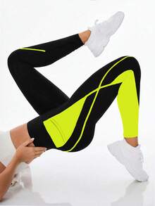 Exploreva Quần legging thể thao nữ thời trang cạp cao có túi, phối màu tương phản. - màu xanh lá - Xem 4