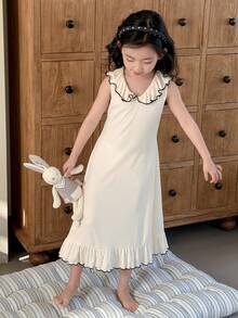 DAZY 少女荷叶边下摆休闲家居服连衣裙 - 米色 - 查看 4