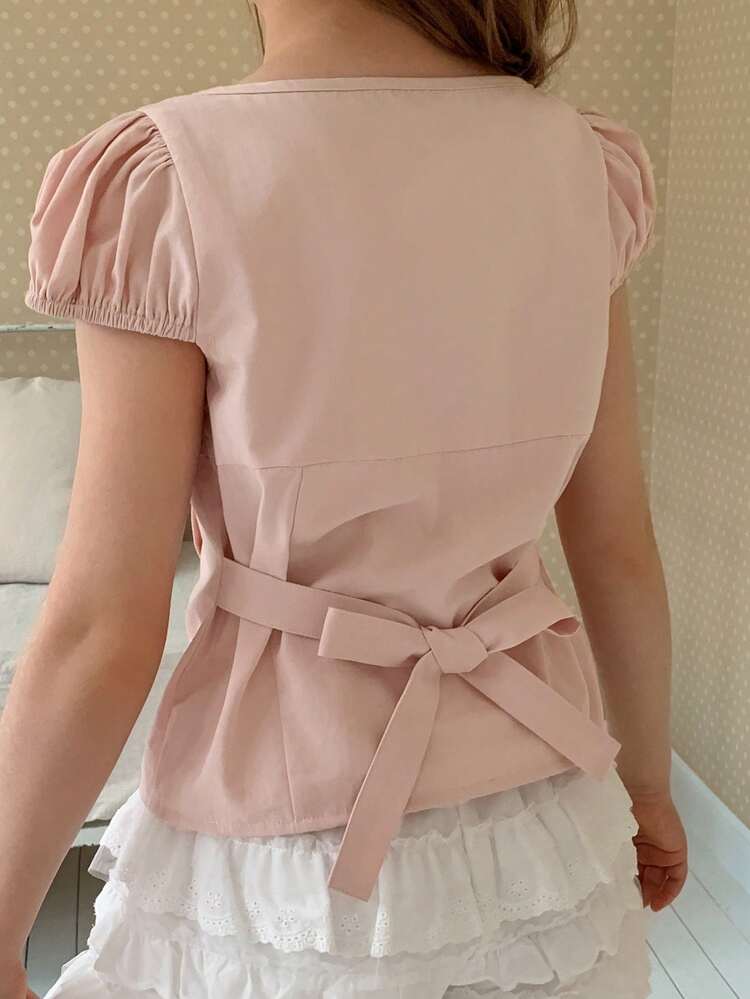 Tween Girls Solid Color Fitted Tie Waist Puff Sleeve Blouse Summer