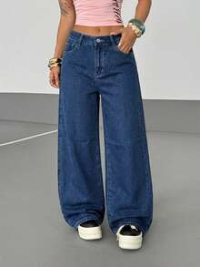 StreetHx Women's Casual Washed Cross Embroidered Wide Leg Jeans - Medium Wash - View 6