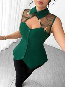 Elenzga 大码女式优雅刺绣网纱拼接衬衫领镂空腰部雪纺上衣，方领A字版型，显瘦显瘦，撞色拼接，优雅精致，适合情人节、返校季、毕业典礼、节日、母亲节、万圣节、感恩节、复活节、国庆节、舞会、约会、派对、婚礼、郊游等场合。 - 綠色 - 查看 2