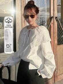 FRIFUL Women's 100% Cotton Embroidered Collar Tie-Up Loose Shirt Long Sleeve - White - View 5