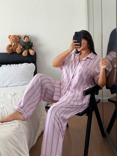 Dream Adore Bubble Textured Striped Print Lapel Cardigan Short Sleeve Pajama Set