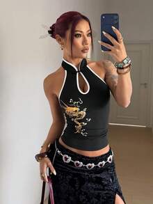 StreetHx 女士休闲街头风新款中国风龙纹修身露背上衣