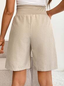 SHEIN Maternity Casual High Waist Shorts, Summer, Summer Holiday Outfits , Summer Outfits, Summer Clothes - Khaki - View 2