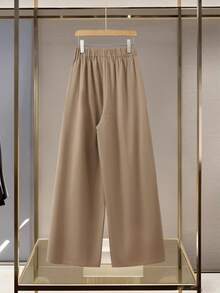 Seusyu Celana Panjang Wanita Ukuran Besar Kasual Longgar Warna Polos dengan Motif Bunga di Bagian Bawah, Elegan & Serbaguna, Musim Semi/Panas - Khaki - View 2