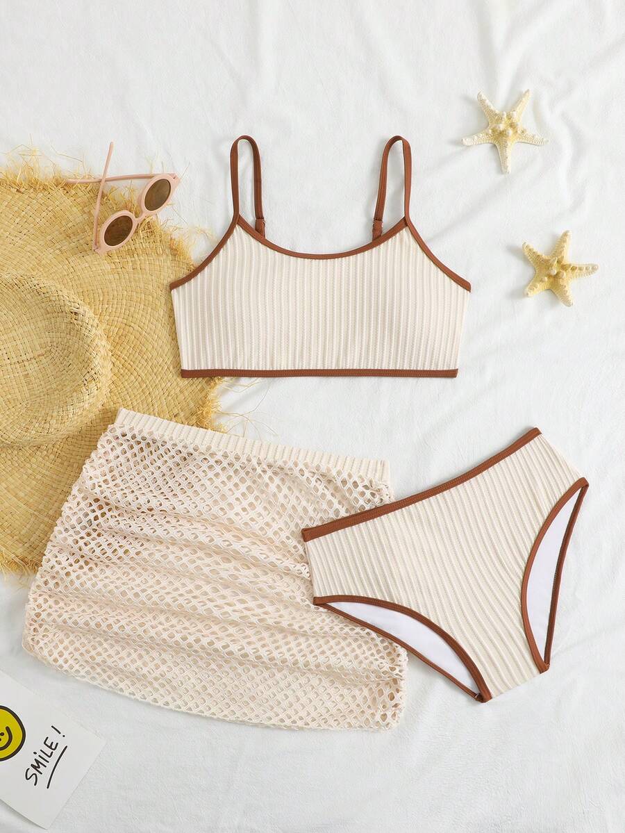SHEIN 3件套少女泳装套装,采用特殊面料,简约时尚,速干舒适针织面料,适合游泳、海滩、泳池、冲浪、度假、夏季旅行。 - 彩色 - 查看 1