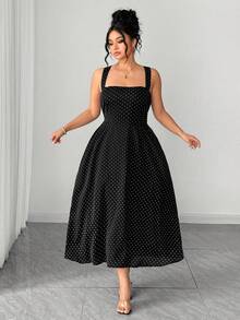 Elenzga Plus Size Casual Black Polka Dot Midi Cami Dress Sleeveless Square Neck Woven Flared Style For Women Poka Dots Gowns - Black - View 9
