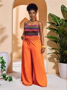 Slaydiva Pink,Summer,Boho,Vacation,Holiday Plus Size Women Colorblock Knit Pattern Camisole Top And Solid Wrap Around Pants Set Y2k Trousers Jumpsuit - Red - View 5