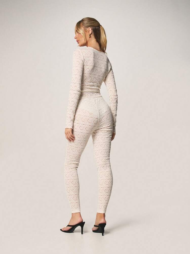 MISSGUIDED Long Sleeve Lace Co Ord Set Fitted Top And Leggings Matching Outfit Fall Winter Evening