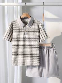 SHEIN Vacaura 男童休闲条纹华夫格 Polo 衫和短裤套装（2 件/套），卡其色，适合夏季日常穿着和户外活动 - 灰色 - 查看 3