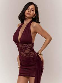 Aloruh Wine Red Romantic Date Sexy Bodycon Deep V Ruched Mini Dress For Women,Summer Dresses For Women - Burgundy - View 6