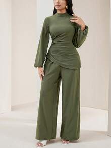 Veilorie 2pcs Women Casual Solid Color Side Ruched Long Sleeve Top And Pants Set, Autumn - Blue - View 5