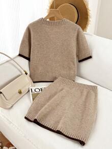 Franclia 两件套休闲宽松圆领长袖针织撞色滚边卡其色女式毛衣套装，春夏款 - 卡其色 - 查看 2