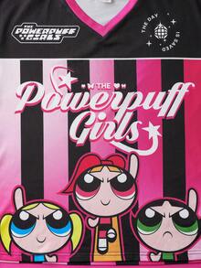 THE POWERPUFF GIRLS X SHEIN Tween Girl Tie Dye Striped Blossom, Bubbles, Buttercup Pattern Colorblock V-Neck Loose Raglan Long Sleeve Sporty T-Shirt - Pink - View 4