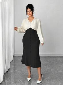 SHEIN Elenzya Đầm công sở thời trang và thanh lịch, phối màu, kiểu đuôi cá, dáng suông, cỡ lớn. - màu đen - Xem 4