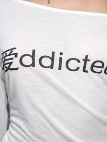 ROMWE 女士字母印花斜肩长袖褶皱时尚T恤 - 白色 - 查看 4