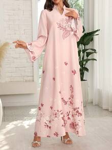 Al Najma 女士花卉图案水钻装饰优雅长袖阿拉伯风格连衣裙 - 粉色 - 查看 6