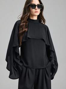 Ontre 2026 Spring/Summer New Black Long Sleeve Layered High Neck Poncho Top, Suitable For Modern Urban Party, Back To School Season, Urban Minimalist Casual Daily Wear, Bohemian Style, Vacation, Festivals, Spring, Valentine's Day Carnival, Women's Beach & Party Elegant Outfit - Black - View 4