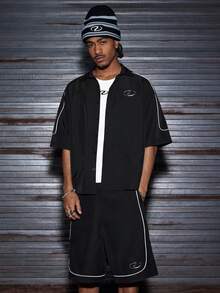 AXEPEAK 男士撞色滚边衬衫和短裤套装 - 黑色 - 查看 3