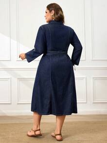 Breezaya Women's Long Sleeve Single-Breasted Casual Denim Shirt Dress - Dark Wash - View 2