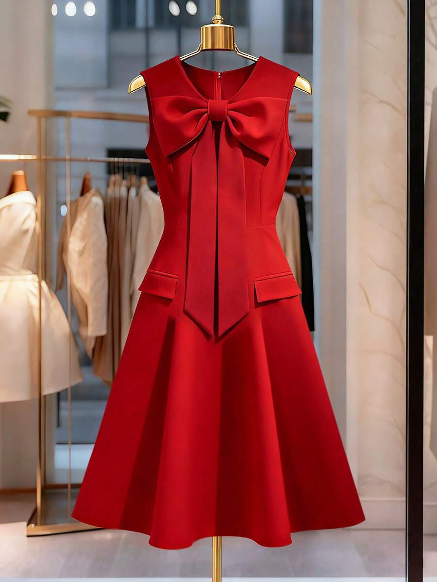 SHEIN Franclia 红色无袖夸张蝴蝶结装饰收腰优雅连衣裙 - 紅色 - 查看 1