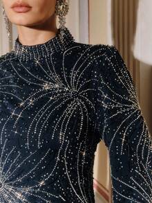 Anewsta Women's Bestselling New Beaded & Sequin Embellished Long Sleeve Fitted Elegant Dress, Suitable For Back To School, Party, Birthday - Blue - View 2